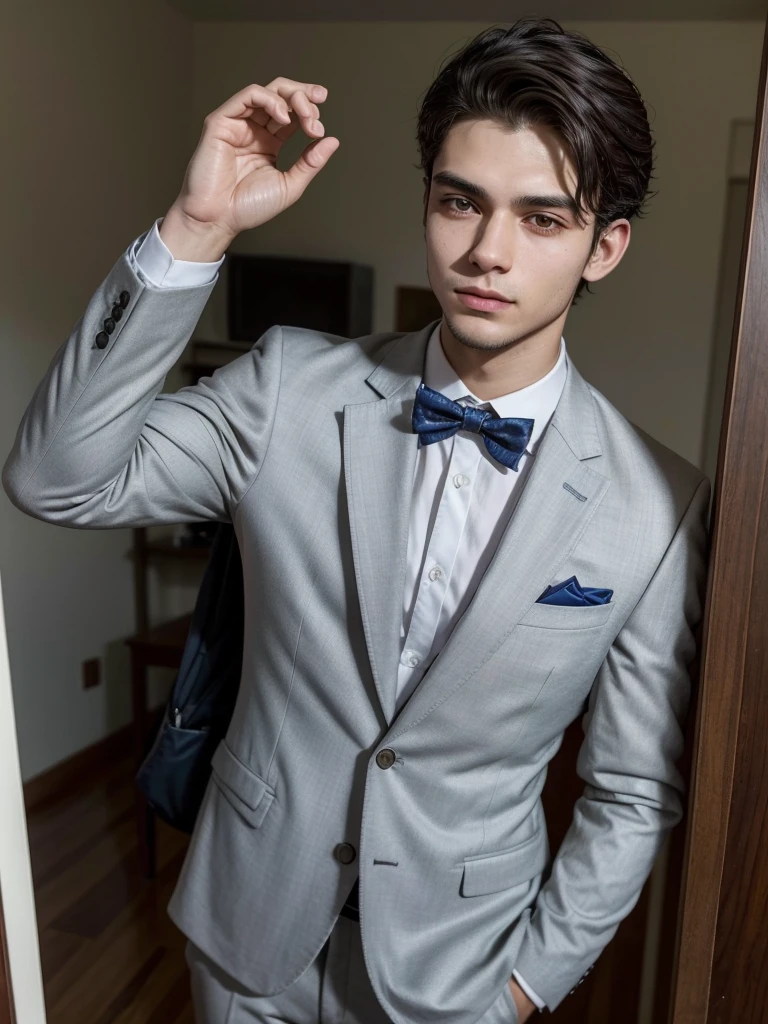 22-year-old Brazilian man in a suit with his hand in his pocket, short hair without beard, no quarto selfie 🤳🏽 realista, and great quality