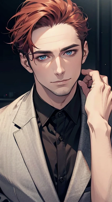 (best quality,4k,8k,highres,masterpiece:1.2),ultra-detailed,(realistic,photorealistic,photo-realistic:1.37),1 man,31 years old,mature man,very handsome,without expression,smile,short grey red hair,blue eyes,penetrating gaze,perfect face without errors,imposing posture,businessman,office background,cinematic lighting,hdr image