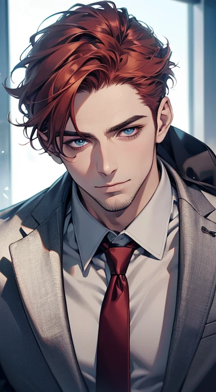 (best quality,4k,8k,highres,masterpiece:1.2),ultra-detailed,(realistic,photorealistic,photo-realistic:1.37),1 man,31 years old,mature man,very handsome,without expression,smile,short grey red hair,blue eyes,penetrating gaze,perfect face without errors,imposing posture,businessman,office background,cinematic lighting,hdr image