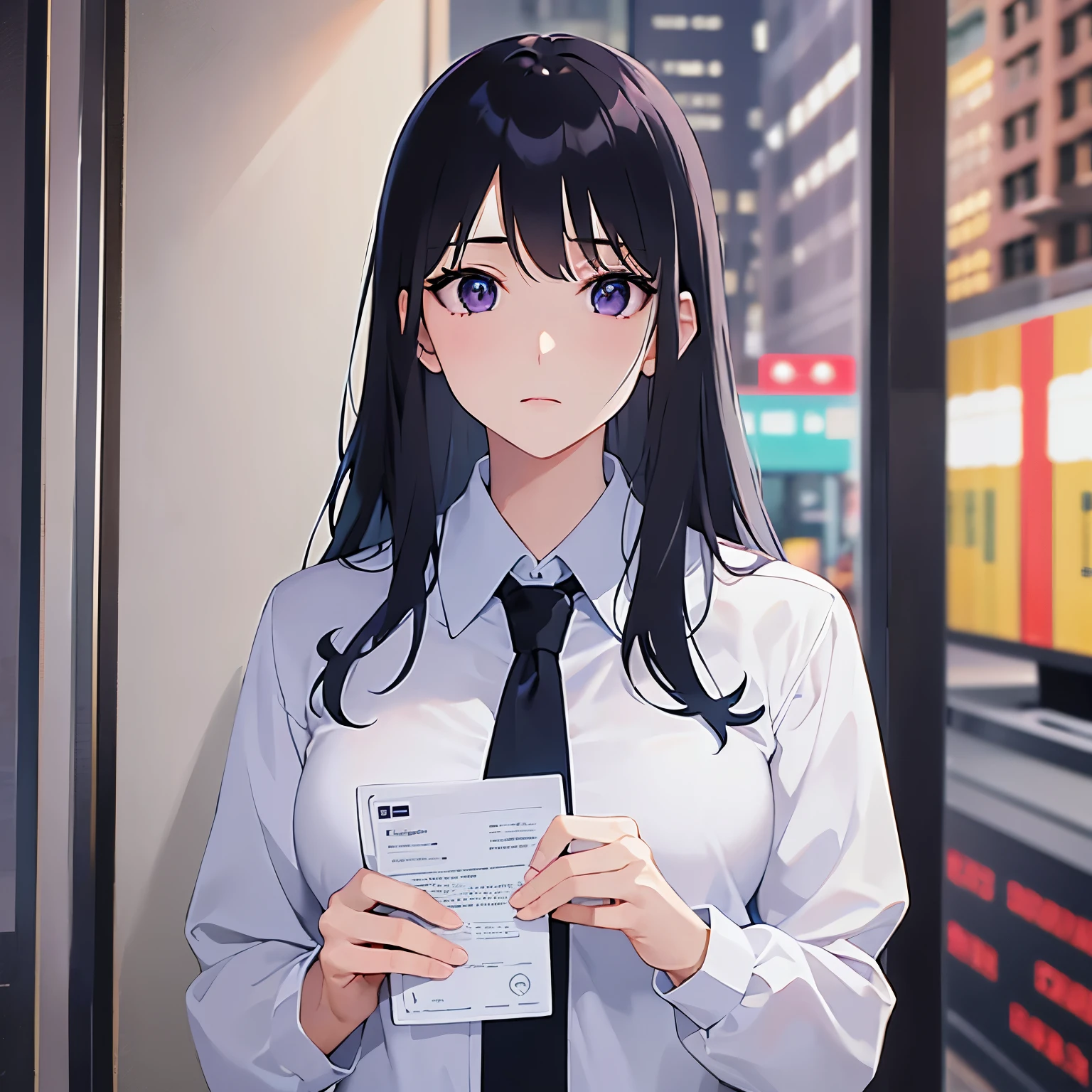 holding a document, Biologically correct five fingers、Upper Body, Realistic, real person, (pale skin: 1.2), RAW photo, photorealistic, shiny skin, shiny hair、(A 25-year-old woman with straight hair and bangs) and (medium hair) and (black hair) and (purple eyes) , (business suit:1.5) and (white collared shirt)、expressionless, The background is the office、Alone、Are standing