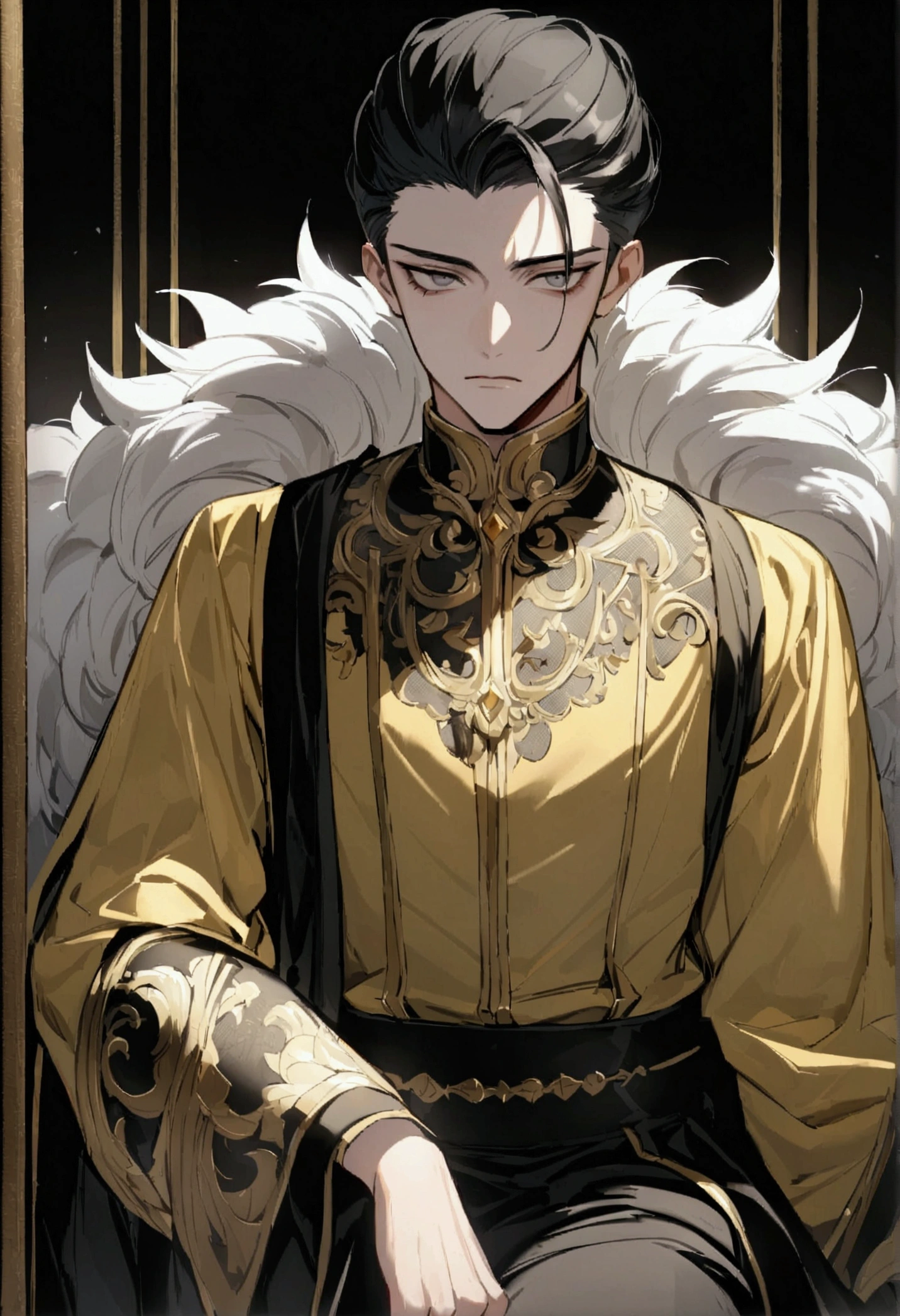 The Emperor was very young, teenager with a cold and intimidating gaze, with short black hair neatly styled back, very handsome and charming, height 170 and weight 77 with an elegant black and golden shirt, Sit upright with authority and a cold gaze
