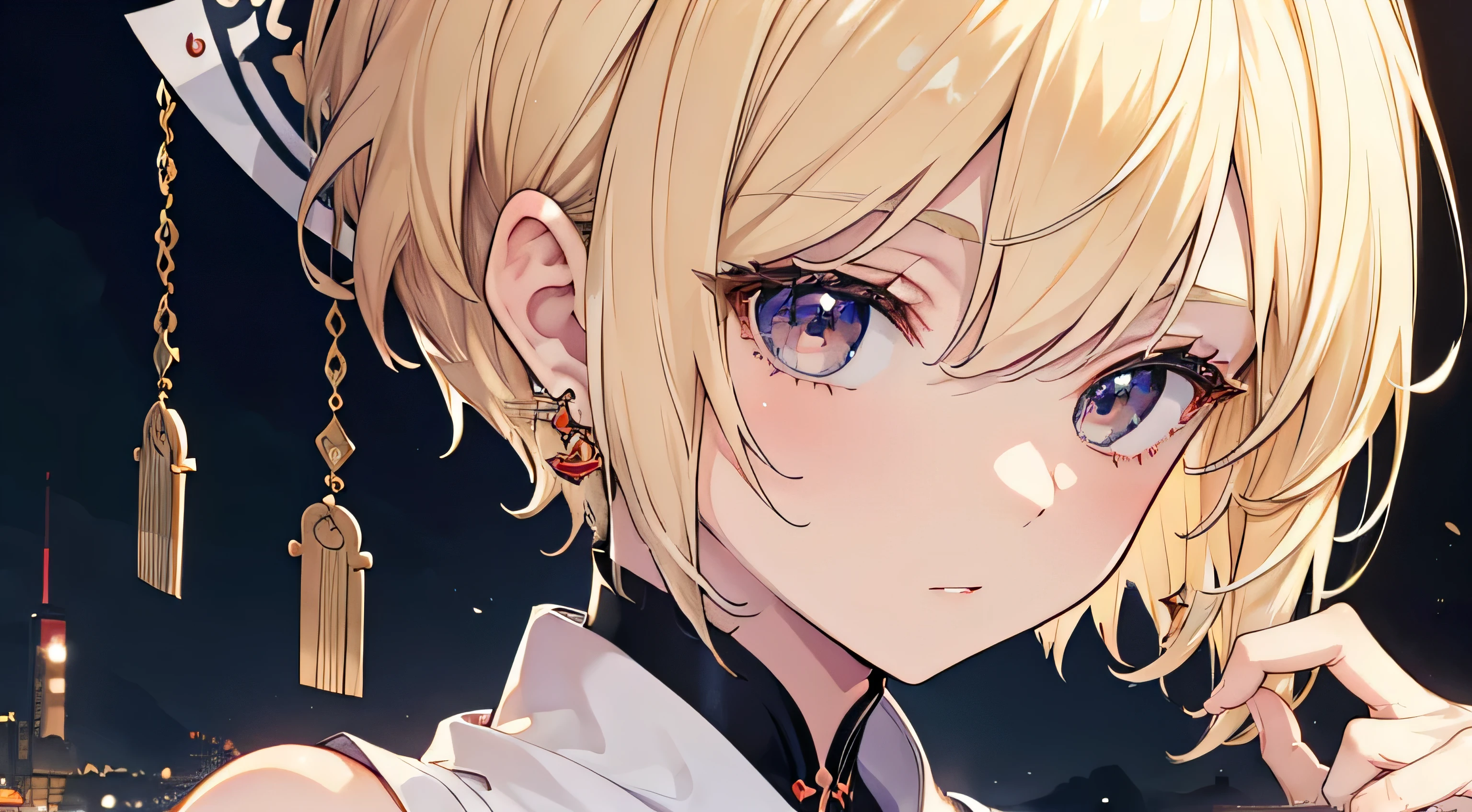 Highest quality, masterpiece, figure, wallpaper,One woman, Beautiful detailed woman, Highly detailed eyes and face, Beautiful attention to detail, Shine, View your viewers, Black Eyes,,Blonde ,crisp finger, clear background, deep night、Earrings,Age 25,Slim body,Shrine maiden,Short Hair