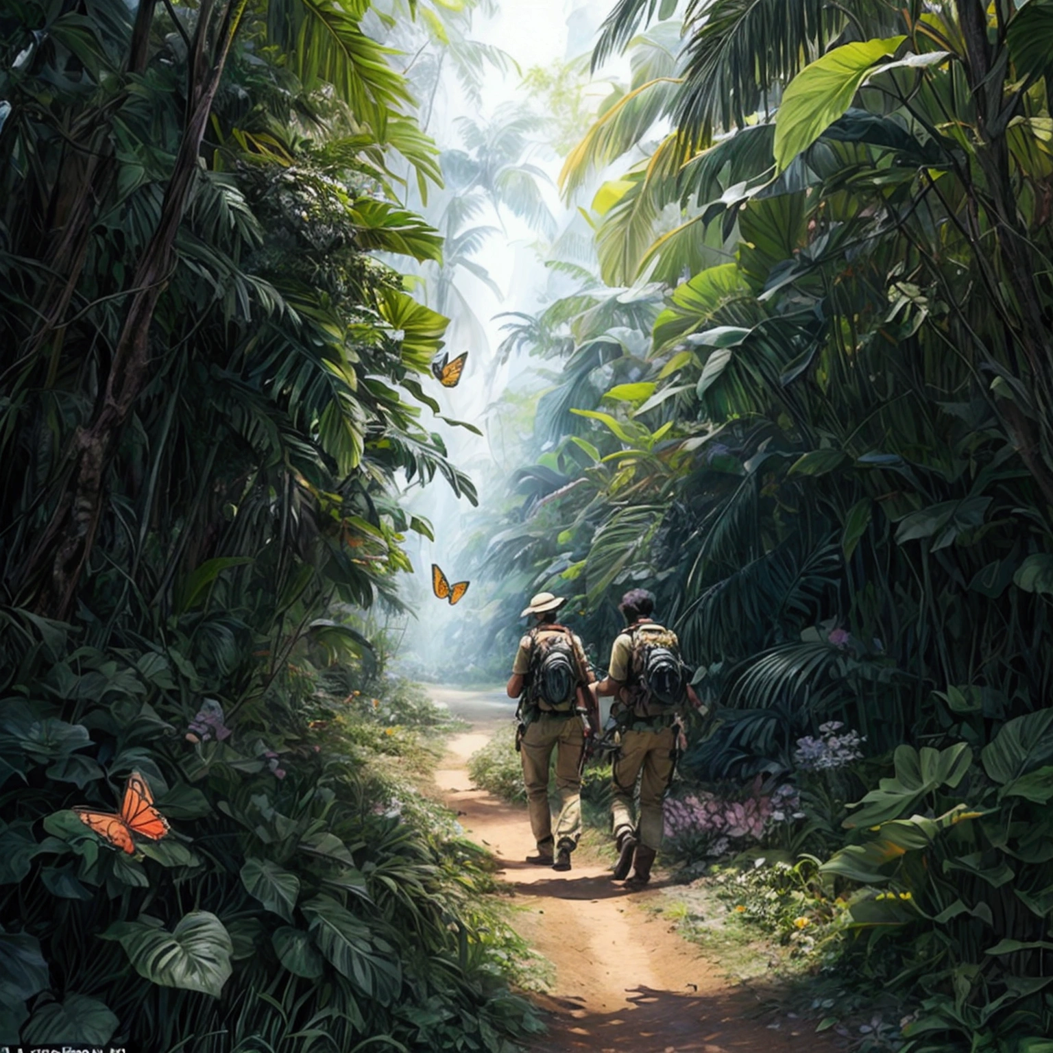 An expedition team is exploring the uncharted jungle, A mysterious land where butterflies flutter and flowers bloom,Several explorers walking in formation,