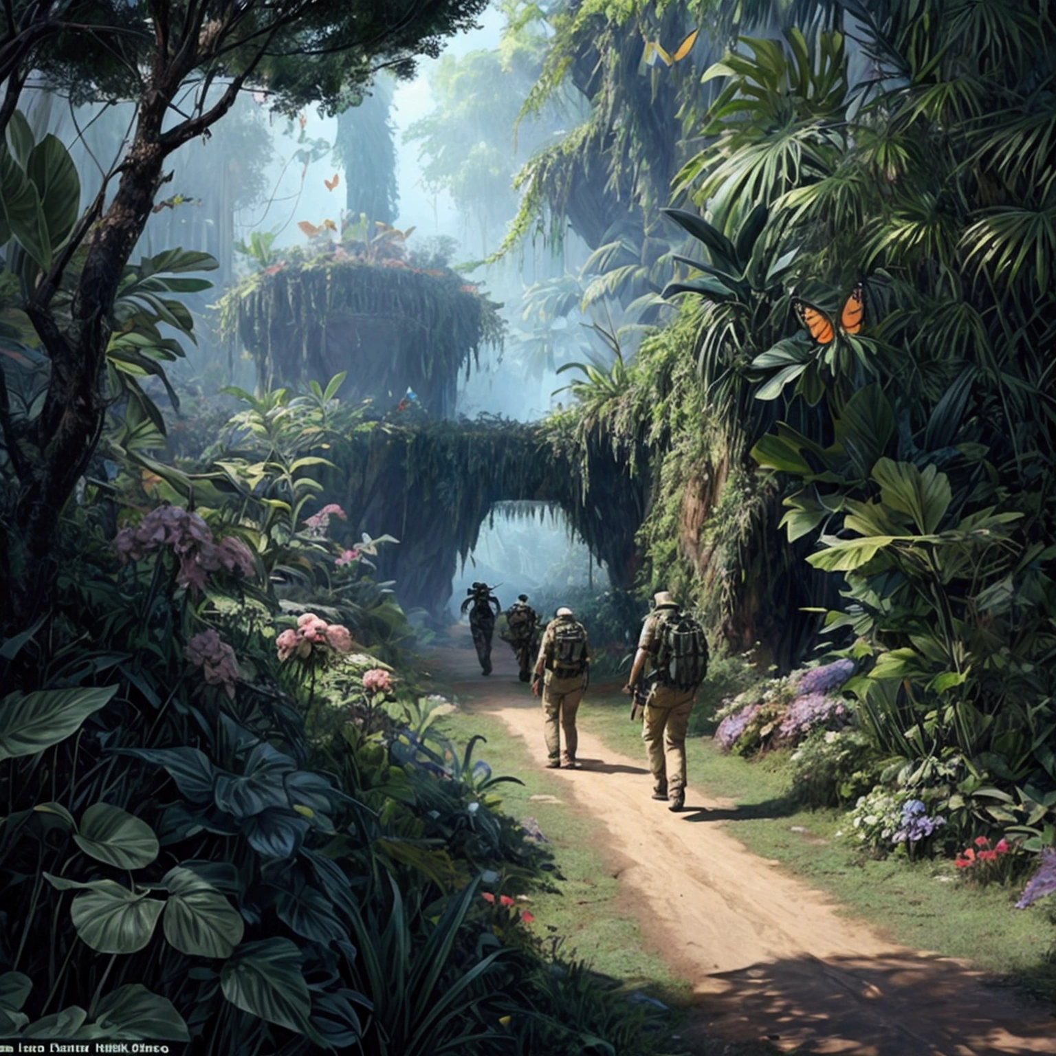 An expedition team is exploring the uncharted jungle, A mysterious land where butterflies flutter and flowers bloom,Several explorers walking in formation,