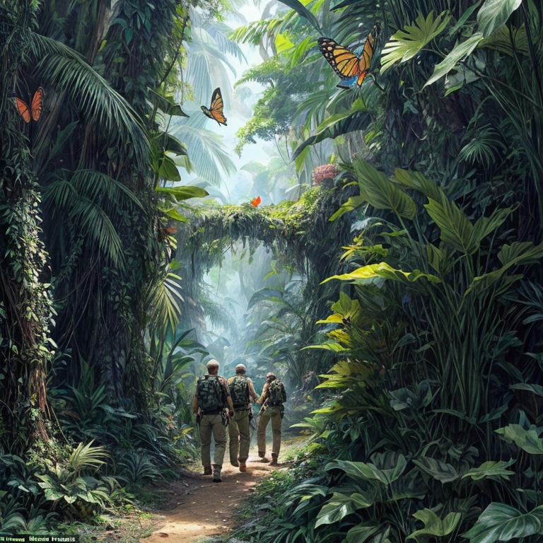An expedition team is exploring the uncharted jungle, A mysterious land where butterflies flutter and flowers bloom,Several explorers walking in formation,