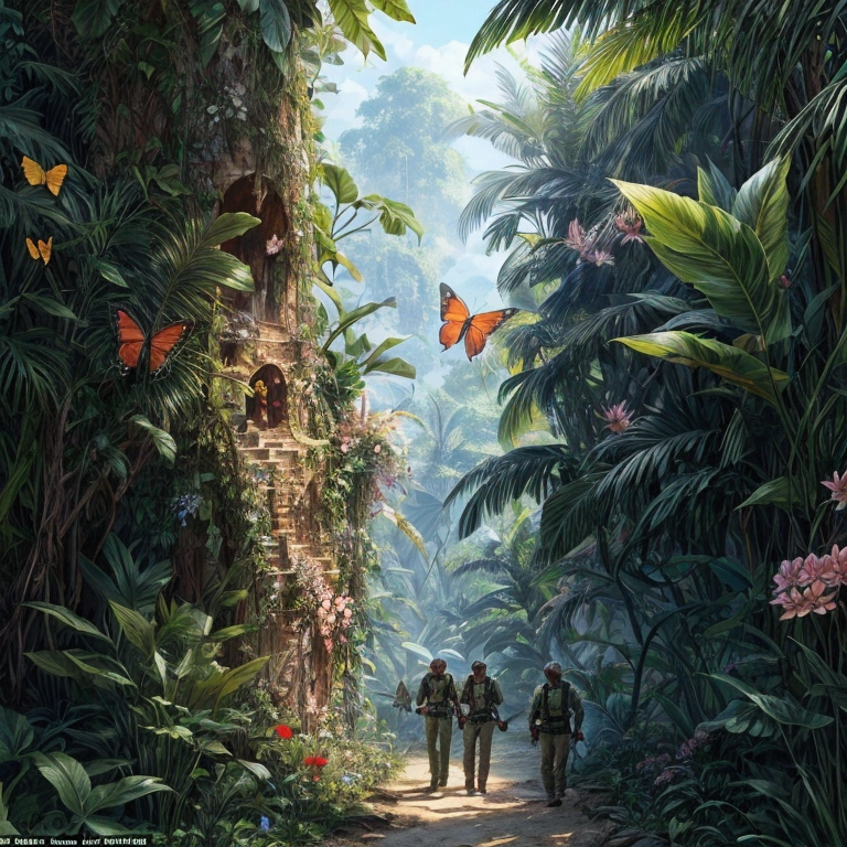 An expedition team is exploring the uncharted jungle, A mysterious land where butterflies flutter and flowers bloom,Several explorers walking in formation,