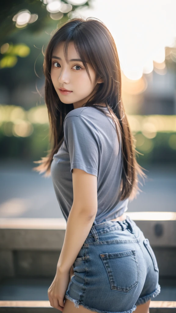Japan Girl,beautiful girlfriend,a beauty,Raw foto,8K,morning sun lighting,Gray T-shirt and jeans miniskirt,Smooth long hair,A dark-haired,A detailed face,Detailed skin,Detailed eyes,(Slim body:1.3), girl in,About 23 years old,