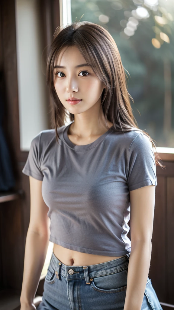 Japan Girl,beautiful girlfriend,a beauty,Raw foto,8K,morning sun lighting,Gray T-shirt and jeans miniskirt,Smooth long hair,A dark-haired,A detailed face,Detailed skin,Detailed eyes,(Slim body:1.3), girl in,About 23 years old,