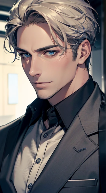 (best quality,4k,8k,highres,masterpiece:1.2),ultra-detailed,(realistic,photorealistic,photo-realistic:1.37),1 man,31 years old,mature man,very handsome,without expression,smile,short grey golden hair,blue eyes,penetrating gaze,perfect face without errors,imposing posture,businessman,office background,cinematic lighting,hdr image