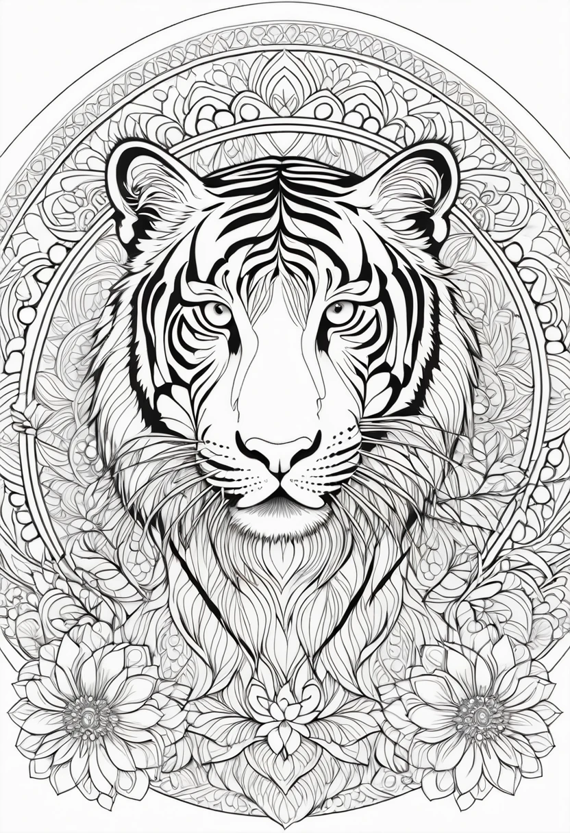 A striking black and white line art coloring page designed for adults with white background, featuring a majestic Bengal Tiger in a mandala-inspired style. The Bengal Tiger is adorned with intricate patterns that include floral and geometric designs, making it an engaging and detailed work of art. The illustration focuses on crisp, clean lines and bold outlines, without any shading or color, allowing the user to bring their own vibrancy to the piece. The minimalistic design, with its thick lines and absence of background details, creates a soothing coloring experience for adults seeking calming and creative activities. illustration
