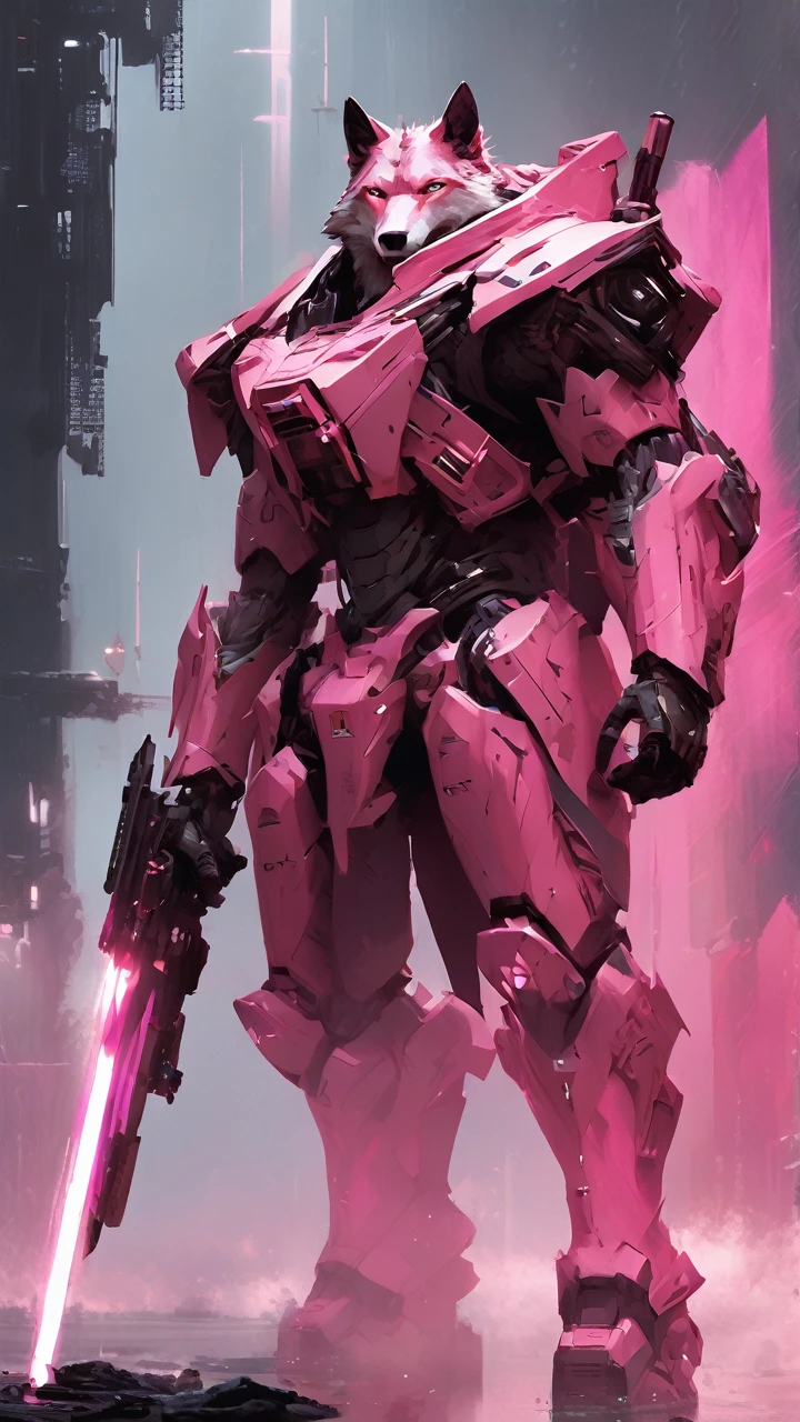 a wolf in the dark, mecha, sci-fi armor, matte pink angular armor, Blade Runner 2049, pink style, pink fur