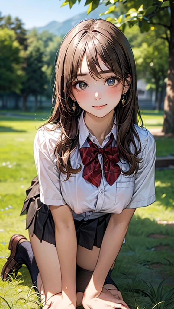 (masterpiece:1.2, top-quality), (realistic, photorealistic:1.4), beautiful illustration, (natural side lighting, movie lighting), 
looking at viewer, cowboy shot, front view:0.6, 1 girl, japanese, high school girl, perfect face, cute and symmetrical face, shiny skin, 
(long hair:1.8, straight hair:1.7, light brown hair), parted bangs, emerald green eyes, long eye lasher, (large breasts:0.9, thick thighs), 
beautiful hair, beautiful face, beautiful detailed eyes, beautiful clavicle, beautiful body, beautiful chest, beautiful thigh, beautiful legs, beautiful fingers, 
((, white collared shirts, black pleated mini skirt, black socks, brown loafers, red bow tie)), break, hoop ring earrings, pink panties, dark blue violet cardigan
(beautiful scenery),
A girl is on all fours in a grassy field. A large dog is hugging her back.
Her face is bright red, her brow is furrowed, her mouth is open, and she looks delighted. Her large breasts and nipples are standing out, even through her shirt. The skirt is shorter than normal, but even shorter. The girl has brown hair.

(Very short skirt).
