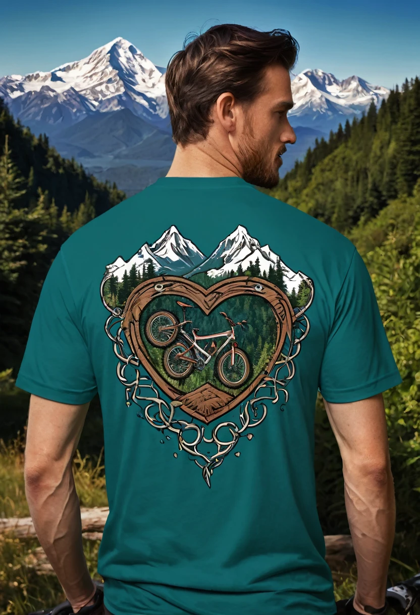 T-shirt design, logo design with a heart-shaped chain, mountain bike, text logo:MOUNTAINVIKING, with mountains in the background, by Meredith Dillman, wood, beautiful, immaculately detailed, profile picture, by Joe Bowler