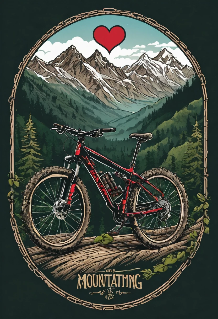 T-shirt design, logo design with a heart-shaped chain, mountain bike, text logo:MOUNTAINVIKING, with mountains in the background, by Meredith Dillman, wood, beautiful, immaculately detailed, profile picture, by Joe Bowler