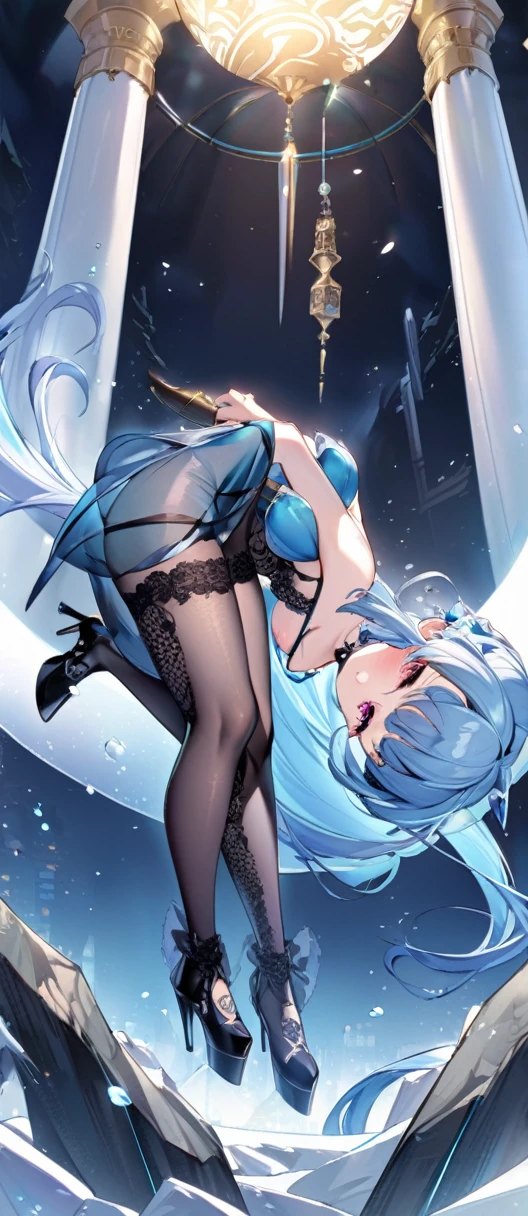 Ultimate Douluo Continent Comics，Golden Dragon Princess，Lace hollow transparent tight sexy sling ice blue evening dress，Pure black high heel boots，Black lace suspender knee socks，Blushing Desire，Cold Lolita Queen，Ice blue clothes