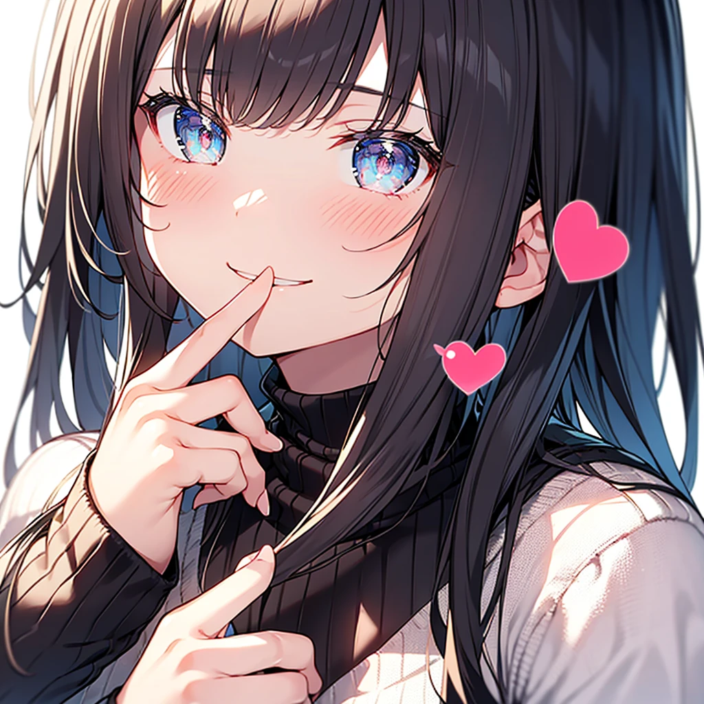 finger to mouth, ((masterpiece, best quality, ultra detailed face)) 1 girl, cute, beautiful, perfect fingers, smile, black hair, long hair, portrait, heart, white background, sweater, 