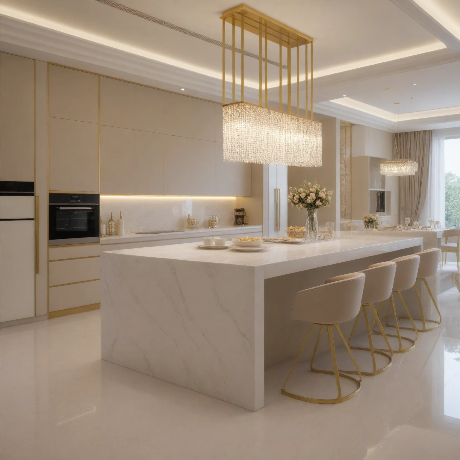 ,,Masterpiece, Best quality,8K, Ultra-high resolution,When you step into the ((( KITCHEN : 1.3 )),Immediately surrounded by a rich atmosphere of luxury。Ornate crystal chandeliers hang high on the wall,Shine brightly。,Embellished with precious porcelain and champagne gold ornaments。Whenever it is late afternoon,The afterglow from the window spilled on the floor,Soft light and shadow are reflected,It was as if entering a dreamland, ((( wooden furniture : 1.3)))