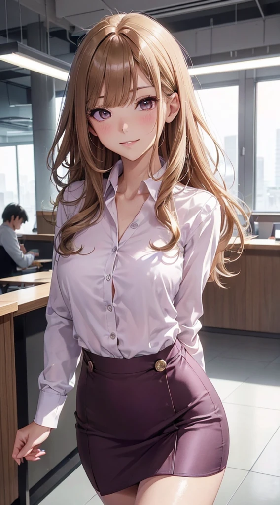 (masutepiece:1.3), High resolution, Ultra-detail, the Extremely Detailed CG Unity 8K Wallpapers, Realistic, Photorealsitic, Raw photo, beautifull detailed face, pale skin, realistic glistening skin, Detailed Cloth Texture, detailed hair texture, Perfect body, Beautiful face, precise, Anatomically correct, Highly detailed face and skin texture, Natural neck length, (Beautiful hands), (Fair skin:1.2), thin legs, Thin feet,
BREAK,
Detailed eyes, symmetrical eye, Light brown eyes, Double eyelids, Thin eyebrows, (Glossy lips:1.4), ((gently smiling:1.2)), (blush:1.1),
BREAK,
(Classy and cute girl:1.3), (Wearing a classy light purple button shirt:1.2), (Wear pencil skirts and miniskirts:1.2), Pink bra, Pink Panties,
medium large breasts, (Slender figure:1.1), firm abs, Beautiful collarbone,
(Dark blonde hair, Wavy Hair, Long hair:1.2), ((asymmetrical bangs:1.2)),
BREAK,
((Stand inside the reception:1.1)), (In a modern office building in Japan:1.2), (Cowboy Shot:1.2), Looking at Viewer, from the front side,