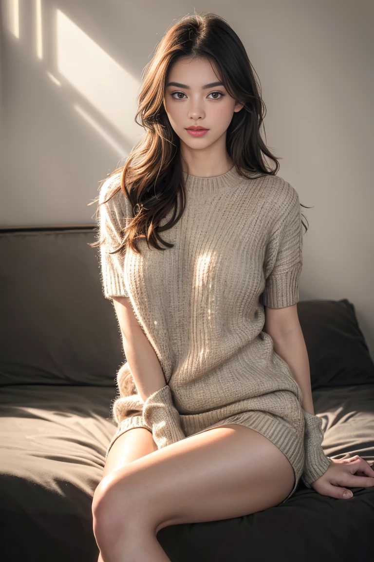 beautiful detailed young woman, 18 years old, black short sleeve sweater, visible legs, (best quality,4k,8k,highres,masterpiece:1.2),ultra-detailed,(realistic,photorealistic,photo-realistic:1.37),elegant,graceful,natural light,soft lighting,warm colors,detailed facial features,long eyelashes,full lips,glowing skin,portrait,fashion photography