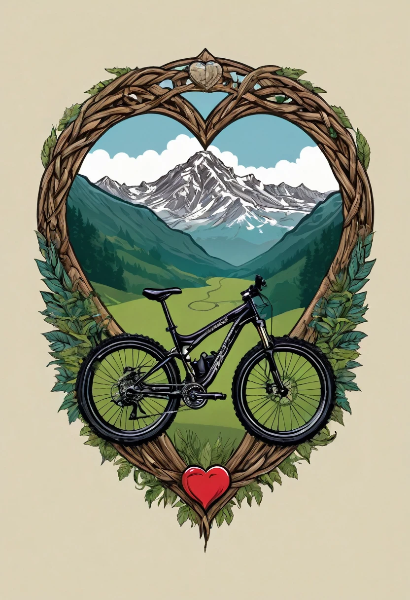 T-shirt design, logo design with a heart-shaped chain, mountain bike, text logo:MOUNTAINVIKING, with mountains in the background, by Meredith Dillman, wood, beautiful, immaculately detailed, profile picture, by Joe Bowler, Fundo branco,