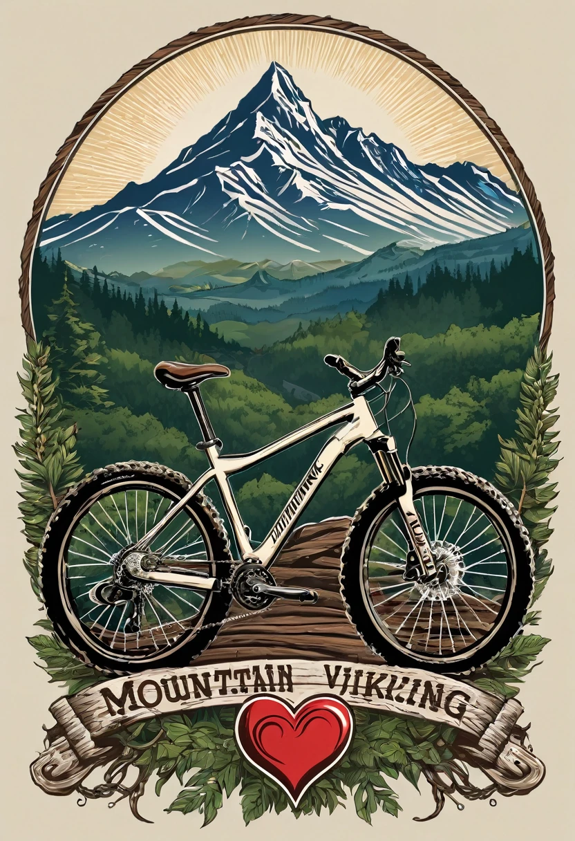 T-shirt design, logo design with a heart-shaped chain, mountain bike, text logo:MOUNTAINVIKING, with mountains in the background, by Meredith Dillman, wood, beautiful, immaculately detailed, profile picture, by Joe Bowler, Fundo branco, 