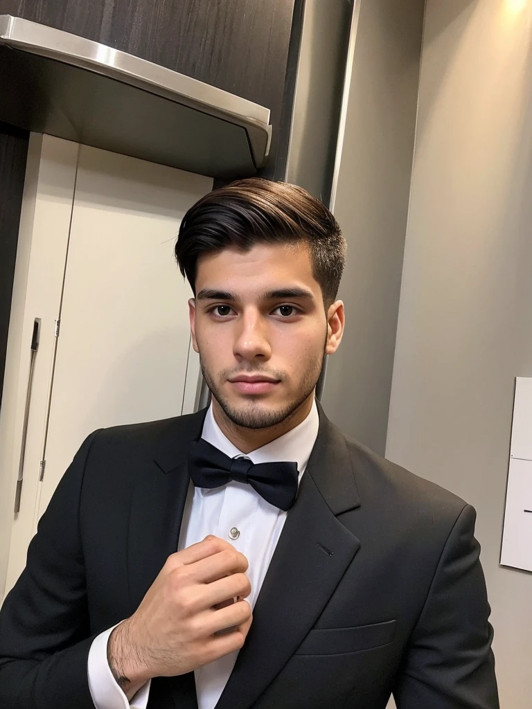 22-year-old Brazilian man in a suit with his hand in his pocket, short hair without beard, no quarto selfie 🤳🏽 realista, and great quality 