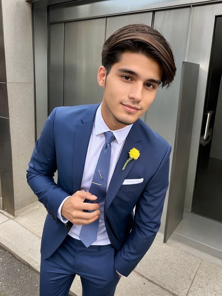 22-year-old Brazilian man in a suit with his hand in his pocket, short hair without beard, no quarto selfie 🤳🏽 realista, and great quality