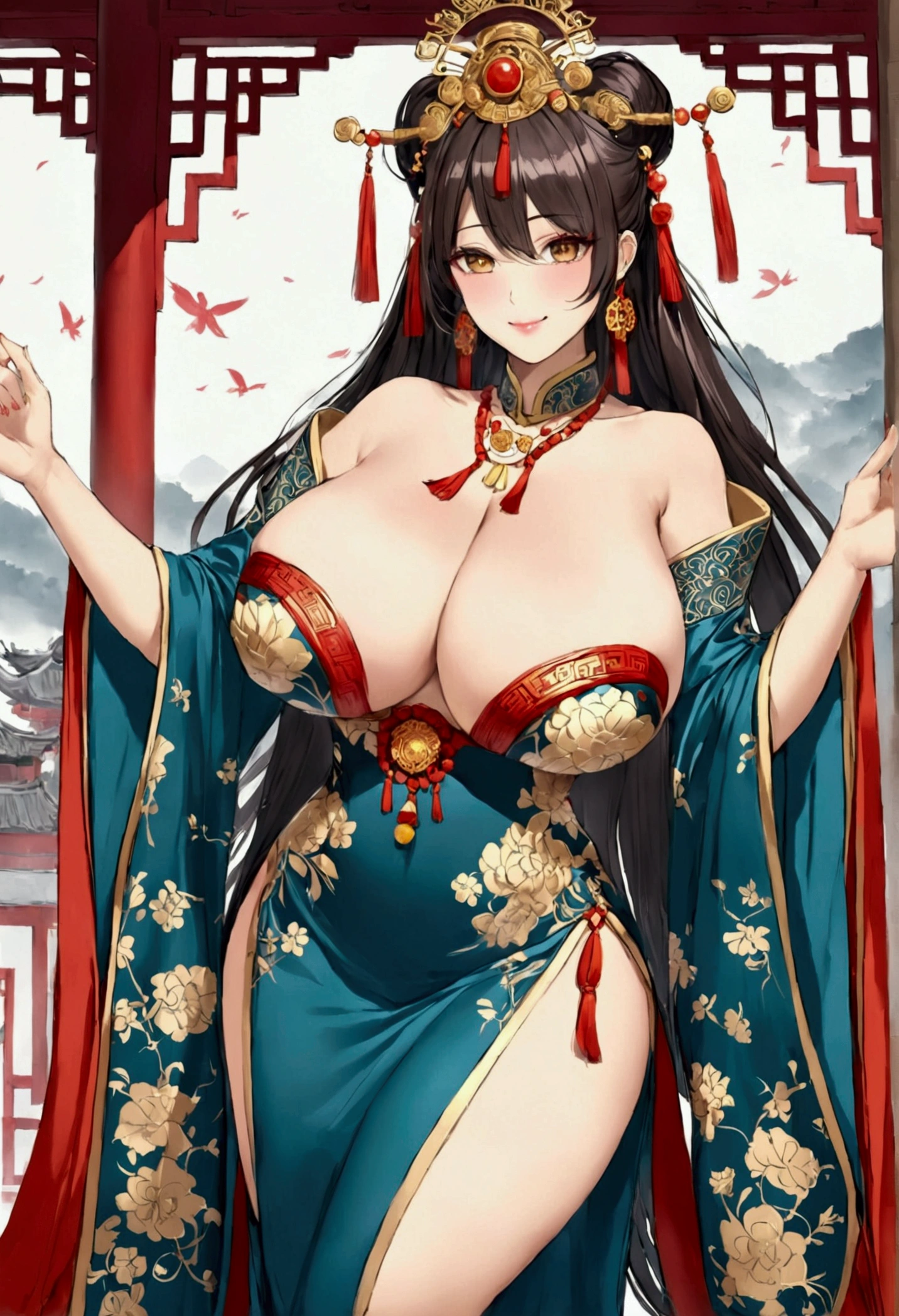 best quality masterpiece extremely detailed highres huge breasts Emperor chinese dress smile 