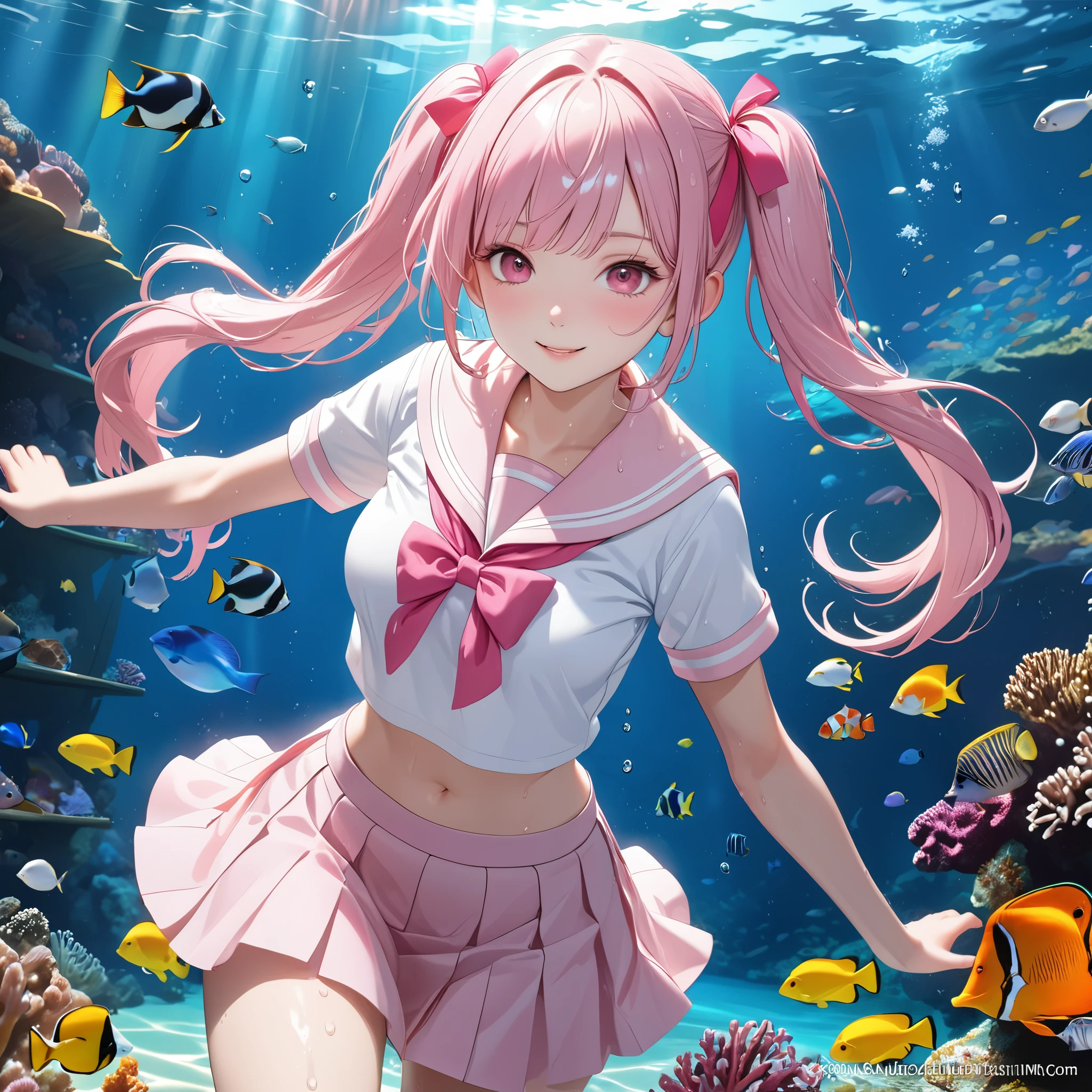 (8k, masutepiece, Best Quality, Official art, beautiful detailed, beautiful lighting, best masterpiece in history that exceeds limits), (1 Girl, solo), (sixteen years old), (beautiful detailed face), (wet shiny white skin), (Beautiful big bust:1.3), (thighs, navel), (beautiful detailed pink twin tails hair, bangs:1.3), (beautiful detailed drooping pink eyes:1.5), (high school uniform:1.3), (wet patsel pink sailor collar, white short sleeves short length outing shirt, pastel pink pleated skirt, patsel pink ribbon:1.3), (happy smile:1.2), (dynamic angle, dynamic cut, Attractive, Look at the camera, cute pose), breathtaking scenery, (ultra detailed beautiful under the sea, tropical fish:1.2),