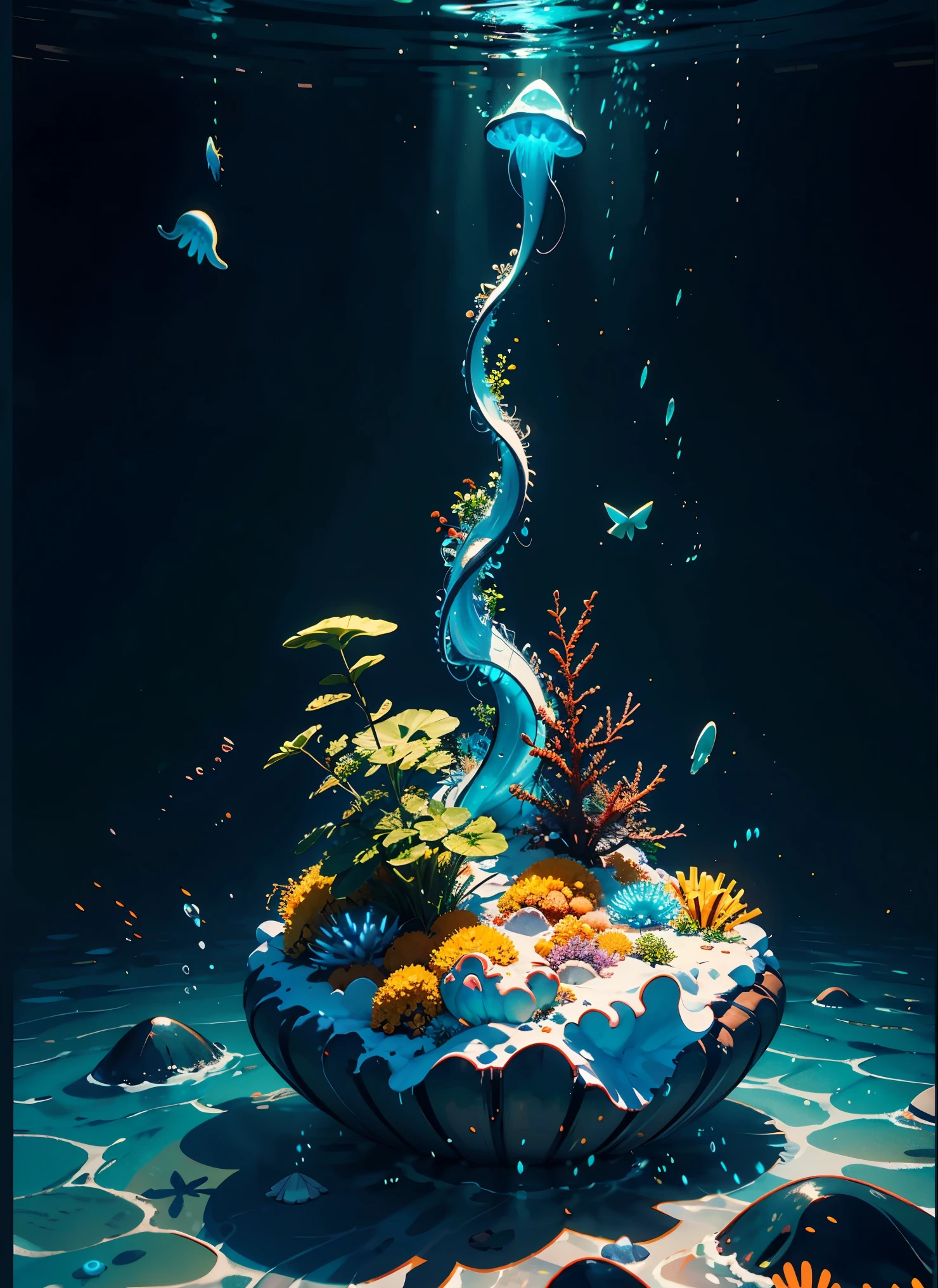 Masterpiece, best quality, (very detailed CG unity 8k wallpapers), (best quality), (best illustrations), (best shadows), marine theme with natural elements. Tall mangroves, rich marine plants, glowing jellyfish, surrounded by schools of fish, glowing particle effects,, (marine plants), (ocean theme), ((luminous algae)), (coral), ((glowing jellyfish )), ((Glow Creatures in Seawater)), ((Sea Fire)), (((Particle Effect))), Isometric 3D, Octane Rendering, Ray Tracing, Super Detailed --v6