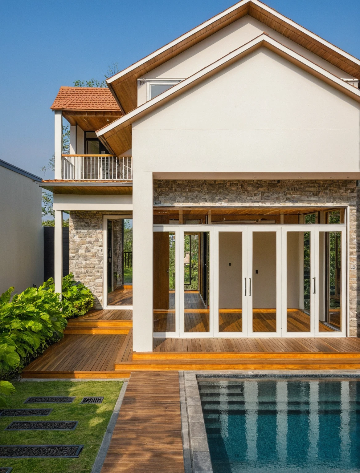 head of'artwork, high quality, best quality, Authentique, Great detail, En plein air, villa de plain-piedXL, groupe aiai, house style modern with poolside , white wall ,poolside,wooden deck, pavement, grass, trees, Sky at dusk, nuvens, (day light:1.1)
