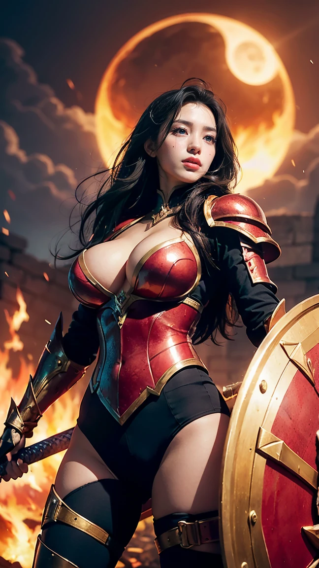 Create an image of Leona from League of Legends by Riot Games in her Battle Queen skin, massive g-cups,dressed in a regal black and red armor with sharp and imposing details, wielding a massive shield and sword; she is activating her 'Eclipse' ability, covering herself in a brilliant golden shield, with an ancient battlefield background featuring ruins and blazing fires