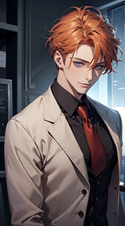 (Highest quality,4K,8K,High resolution,masterpiece:1.2),Super detailed,(Realistic,photoRealistic,photo-Realistic:1.37),1 person,33 years old,Mature Men,Beautiful skin、very handsome,Expressionless,smile,Short gray pi
Orange hair,blue eyes,Sharp Eyes,A perfect face without a doubt,Businessman,Office Background,Cinema Lighting,HDR image,tie、