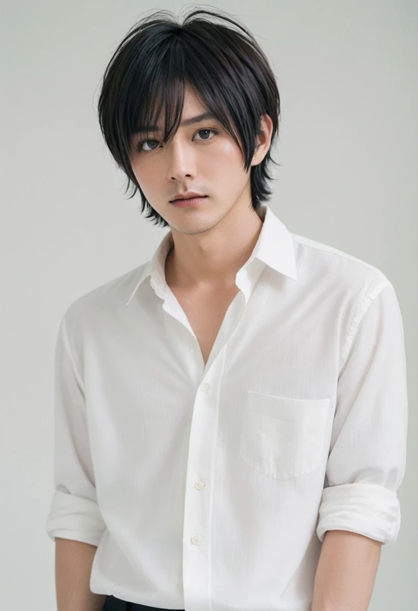 white shirt and white background ,man wearing white shirt, Pastels inspired by Sakai Hōitsu, tumbler, What is that?, with short hair, shaggy cut, laird cut,short to medium length hair, shoulder length black hair, black hair with rough fur
