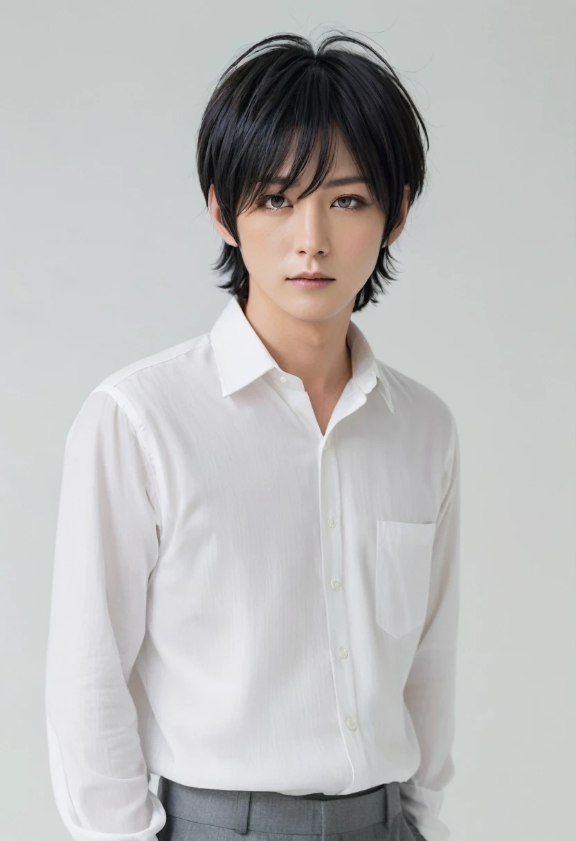 white shirt and white background ,man wearing white shirt, Pastels inspired by Sakai Hōitsu, tumbler, What is that?, with short hair, shaggy cut, laird cut,short to medium length hair, shoulder length black hair, black hair with rough fur