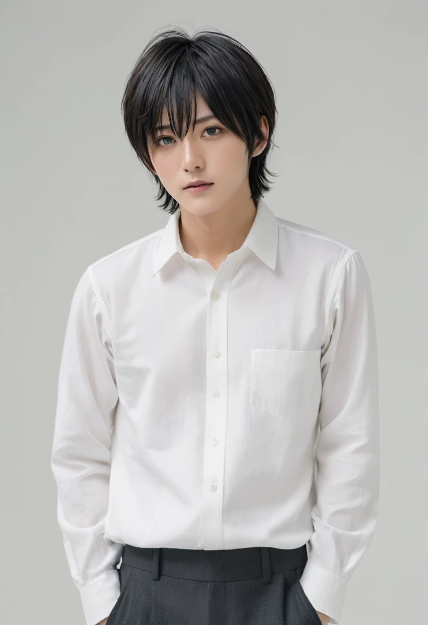 white shirt and white background ,man wearing white shirt, Pastels inspired by Sakai Hōitsu, tumbler, What is that?, with short hair, shaggy cut, laird cut,short to medium length hair, shoulder length black hair, black hair with rough fur