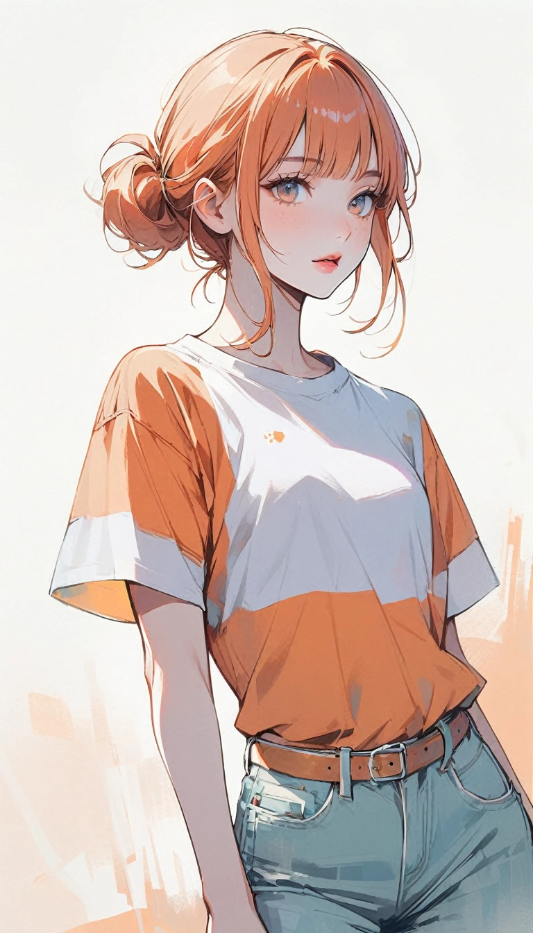 Girl, slim, pale skin, light hazel eyes, freckles, pastel orange hair, ginger, pure, straight bangs, low buns, beautiful