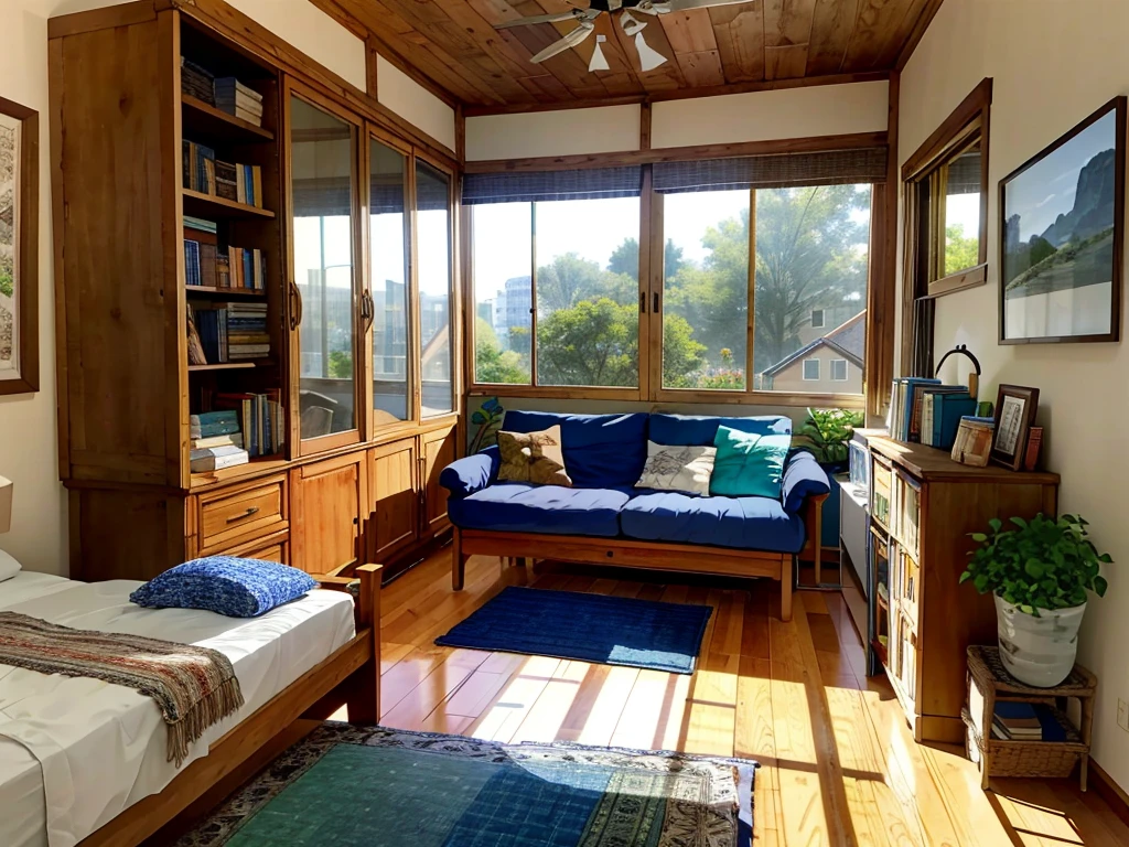 8K picture quality,Best quality,masterpiece,HD,Super rich detail,detailed,Comfortable bedroom,Large Windows,Floor-to-ceiling windows,big bed,There are pillows on the bed,Quilt,Essas roupas,notebook,There is a cabinet next to it,There are bookcases,There is a table,There are chairs,There are flowers,There is a wardrobe,There was a sofa,There are carpets,There are many books,Overall very comfortable,extremely clean,very useful,Large Windows,The scenery outside the window,There are various other flowers,and vegetable garden,There are a variety of vegetables inside,超HD真实感,Live photos,The overall color is mainly blue-green,Strong realism