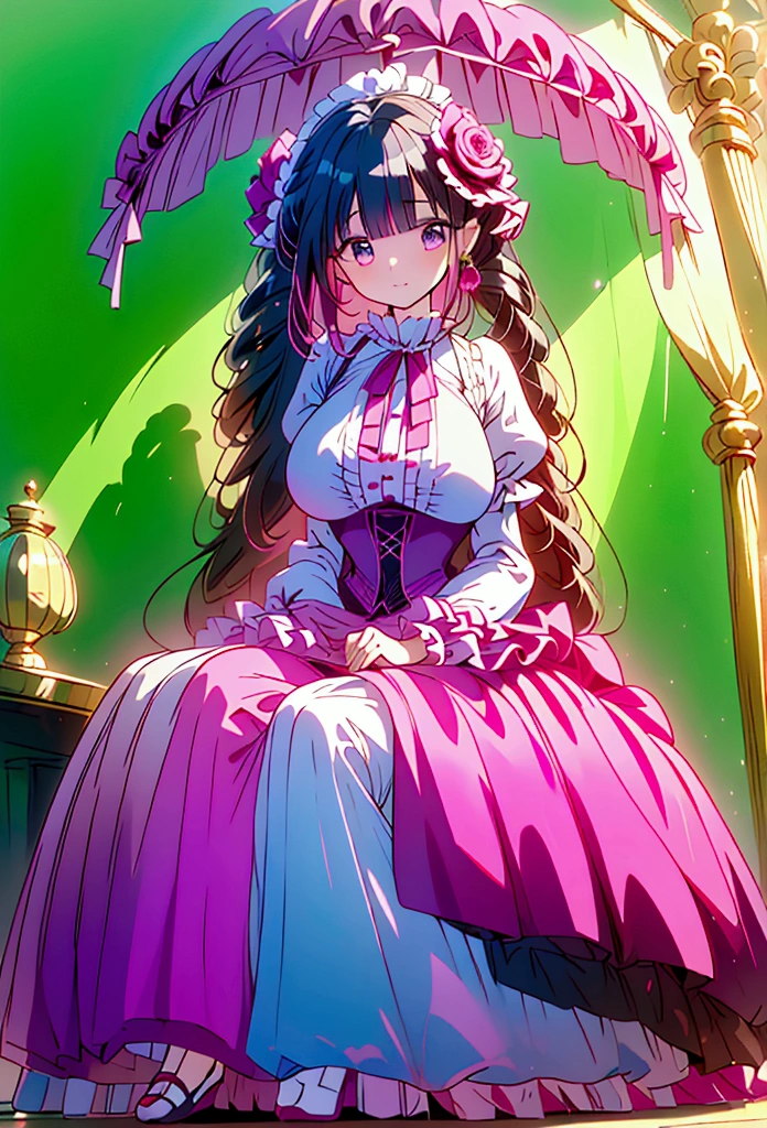 Highest quality, masterpiece, Highest Resolution, romantic,woman, ((10 years old)),The girl is a princess,((Dark pink satin fabric)),Dark pink victorian dress, ((Gorgeous princess rococo ball gown dress with voluminous full-length hoop skirt)),Long sleeve,Long dress,A dress with lots of ruffles and ribbons...,luxury,((Palace Bedroom)),((Huge Victorian canopy bed)), (Large ruffled silk pink curtains),Long Hair,Princess、Sitting on the floor、The Fouquet skirt opens wide、As beautiful as a flower in full bloom。
