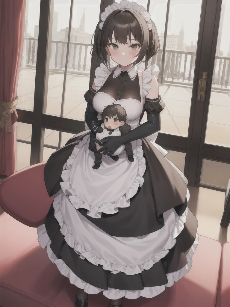 (in hotel, masterpiece, best quality:1.2), maid, 1girl, (holding baby, hold infant), waving hair, ((elbow gloves))