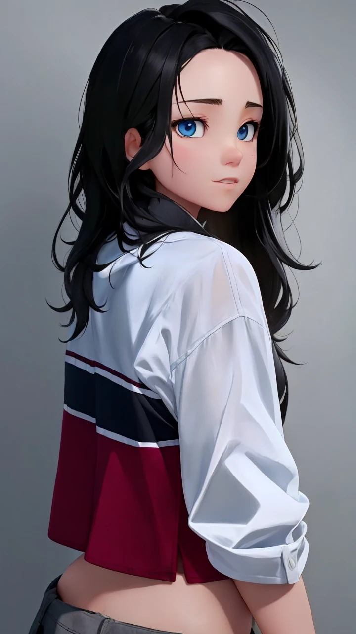 girl, black hair, blue eyes, white sleeve shirt