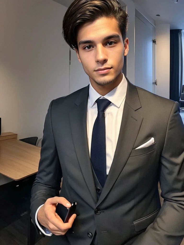 22-year-old Brazilian man in a suit with his hand in his pocket, short hair without beard, no quarto selfie 🤳🏽 realista, and great quality