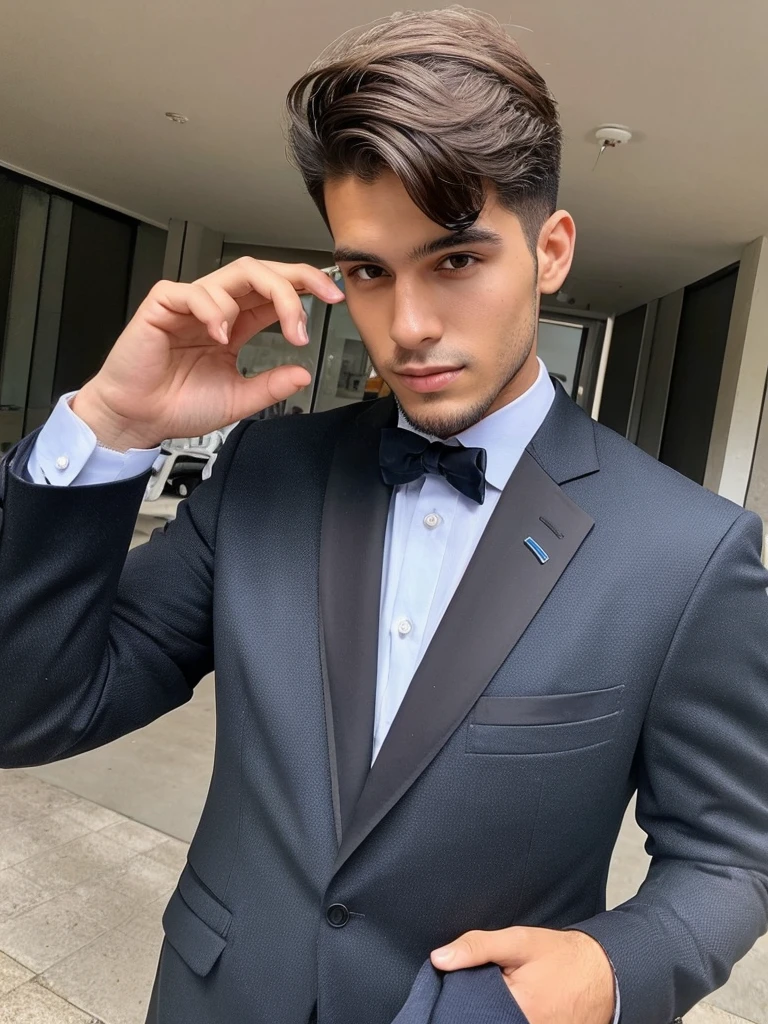 22-year-old Brazilian man in a suit with his hand in his pocket, short hair without beard, no quarto selfie 🤳🏽 realista, and great quality