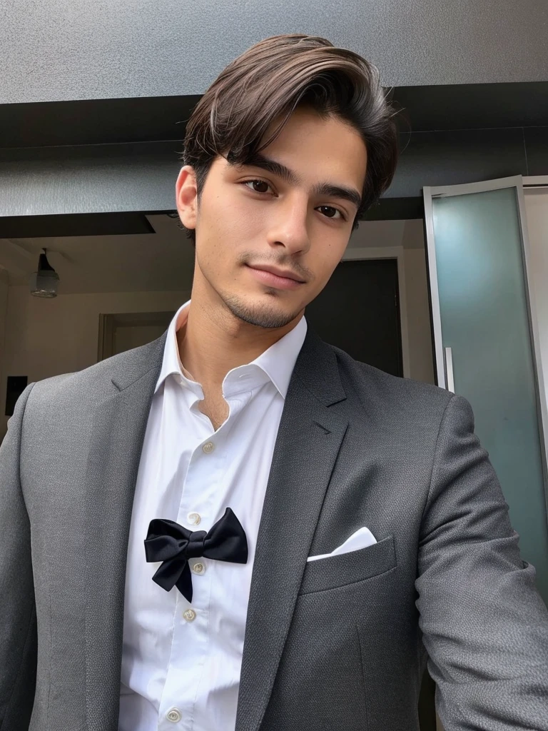 22-year-old Brazilian man in a suit with his hand in his pocket, short hair without beard, no quarto selfie 🤳🏽 realista, and great quality