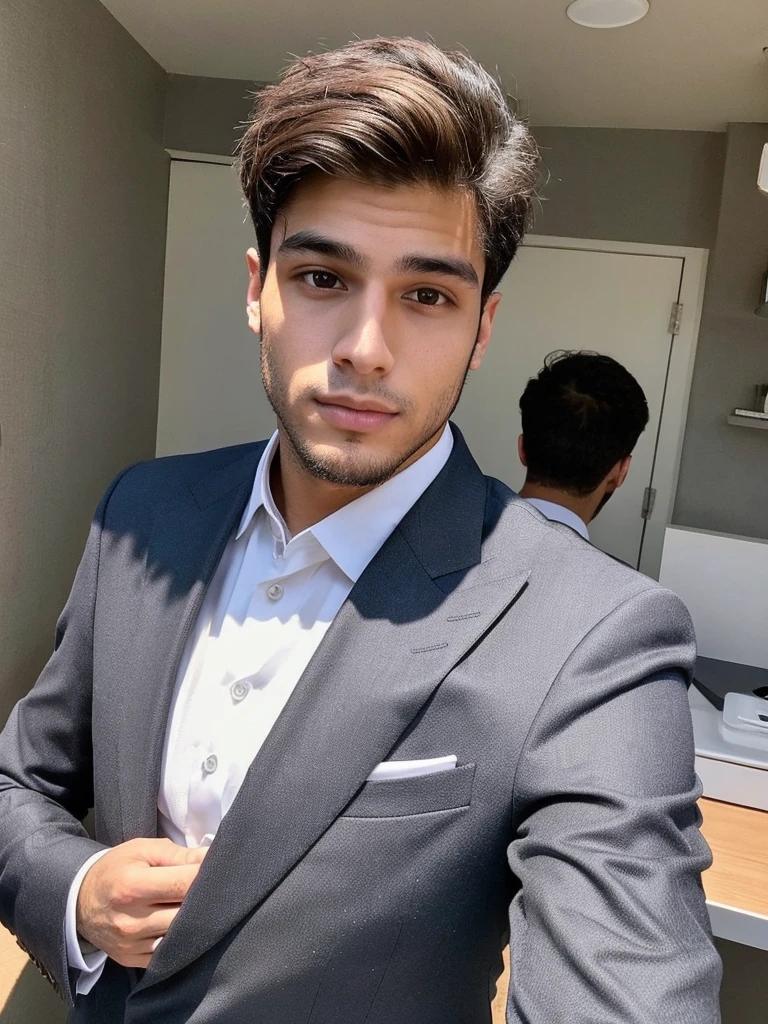 22-year-old Brazilian man in a suit with his hand in his pocket, short hair without beard, no quarto selfie 🤳🏽 realista, and great quality 