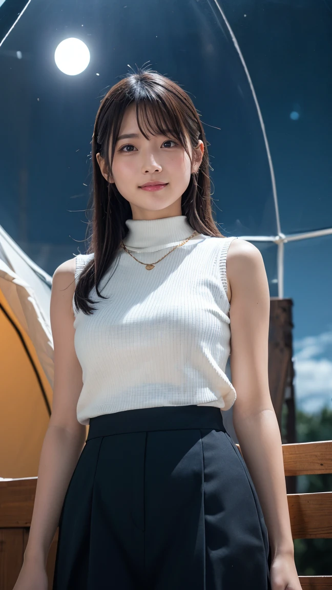 (((One girl:1.3))), ((23 years old:1.3)), (She is my daughter),
break
(Surprised Smile:1.2),
((Medium large breasts:1.3)), (Accentuated breasts:1.3, Movie chest, Shapely breasts:1.1, Perfect body),
break
(neat fashion:1.3), (white-theme:1.3), (High neck sleeveless sweater:1.3), ((Gold Necklace:1.2))
break
pleated skirt((color : green + Silver) high waist, (pattern : Plaid)):1.3),
break
(Standing leaning against the rail(color : white) wooden deck(Outdoor, open minded) Glamping Tent ((Gorgeous themes, Transparent Dome Tent, Great atmosphere, Great lighting, Transparent dome tent surrounded by nature)):1.3), ((Long Shot:1.5)), ((At night:1.7)),
break
((Her serious expression、Create a photo that conveys the feeling of a relaxed and happy moment.:1.3)),
break
(colorあせた写真:1.3), (Film Grain:1.3), Depth of written boundary, (Bokeh:1.1), (Light and shadow:1.4),
((Cowboy Shot:1.2)), ((From below:1.2)), ((Focus on her:1.2)),