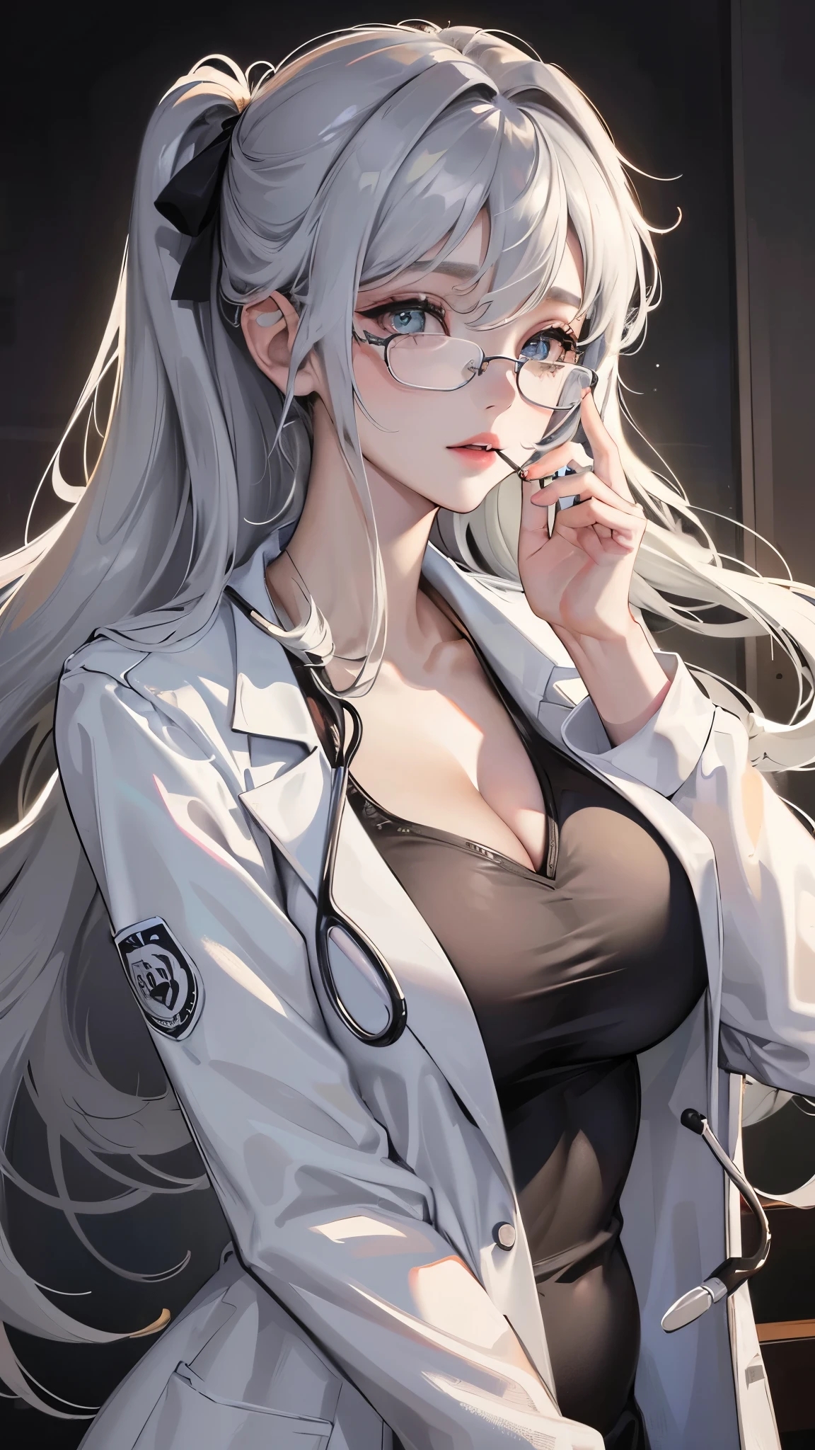 (Top resolution、Distinct_image)top-quality、A woman、​masterpiece、highly detailed, half body, Semi-realistic、grey eyes 、26year old, silver hair,young 、Exquisite facial features、Facial features ,variation potrait, long  hairstyles, teenage, cool , cold sharp eyes , {Very detailed 8k CG unit wallpaper}, Elagent, gorgeous 
Mommy type , plump body curves, big breasts, perfect body (doctor_, lab coat, stethoscope, doctor), sexy, clinic, glasses 
