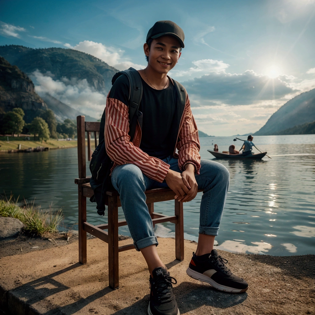 Cinematic photo of a young man from Indonesia with short-cropped hair, baseball cap, black t-shirt, red and white striped jacket, long jeans, sneakers, sitting on a wooden chair, in front of the lake while carrying a backpack, and a calm view. The sky was a bright blue, and the sun cast a warm golden light across the scene. stunning while smiling at the camera