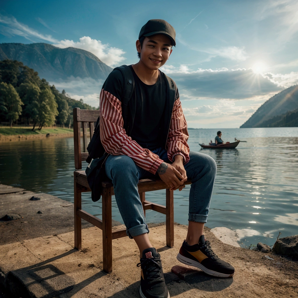 Cinematic photo of a young man from Indonesia with short-cropped hair, baseball cap, black t-shirt, red and white striped jacket, long jeans, sneakers, sitting on a wooden chair, in front of the lake while carrying a backpack, and a calm view. The sky was a bright blue, and the sun cast a warm golden light across the scene. stunning while smiling at the camera