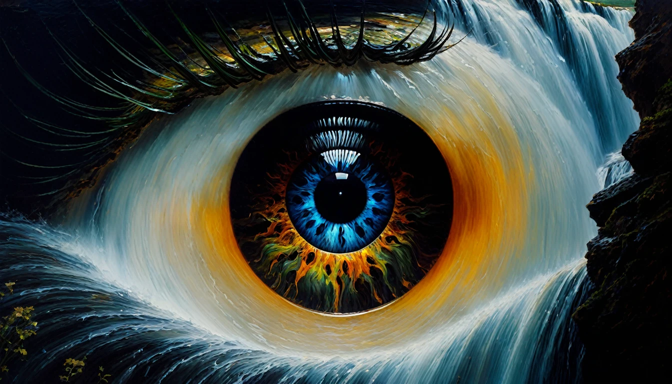 Devil's Eye imagination double exposition art paysager fantastique sombre, éclairage d'accentuation avec lumière soufflée, insane and complex details, bel oeil effrayant, superb detail of the oil painting, waterfall, nature, beautiful life